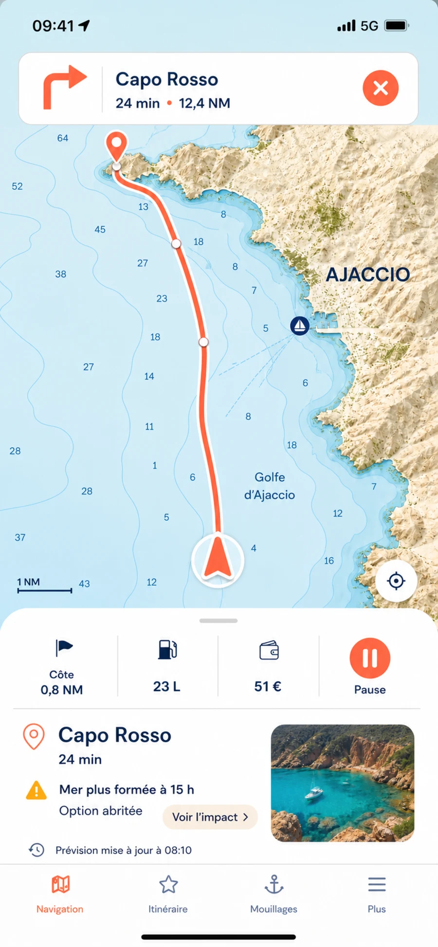Écran mobile de navigation : prochaine étape, distance à la côte et alerte météo